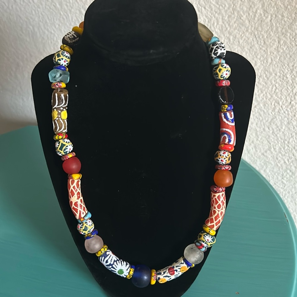 Handcrafted Artisan Boho Sea Glass, Recycled, Painted Bead 20” Necklace